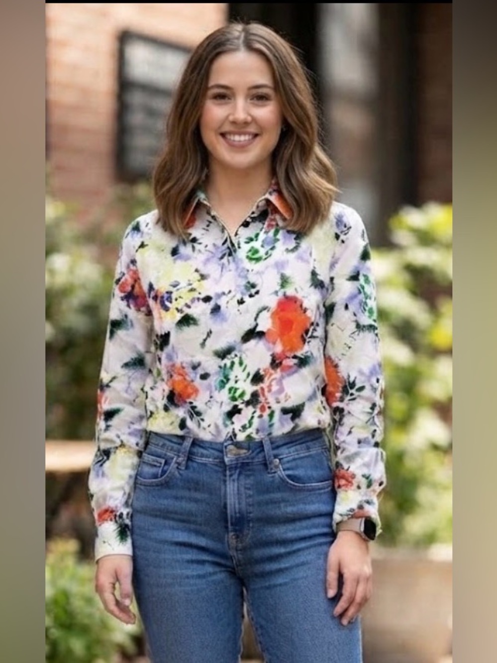 GAP Floral Watercolor Button-Down Shirt - White with Orange, Green, Purple